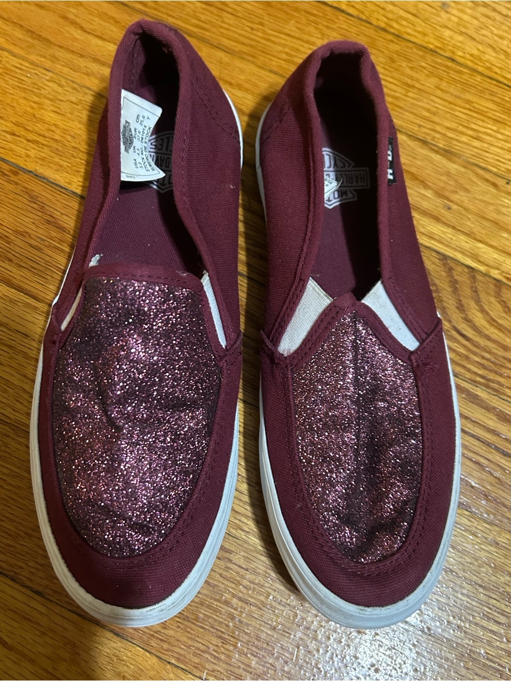Harley Davidson Motor Cycles Girl Youth 5 Burgundy Sparkle Cushion Slip on Shoes